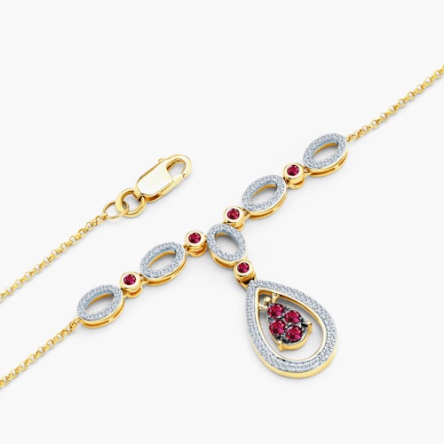 Naszyjnik łezka Savicki: złoty, diamenty, rubiny